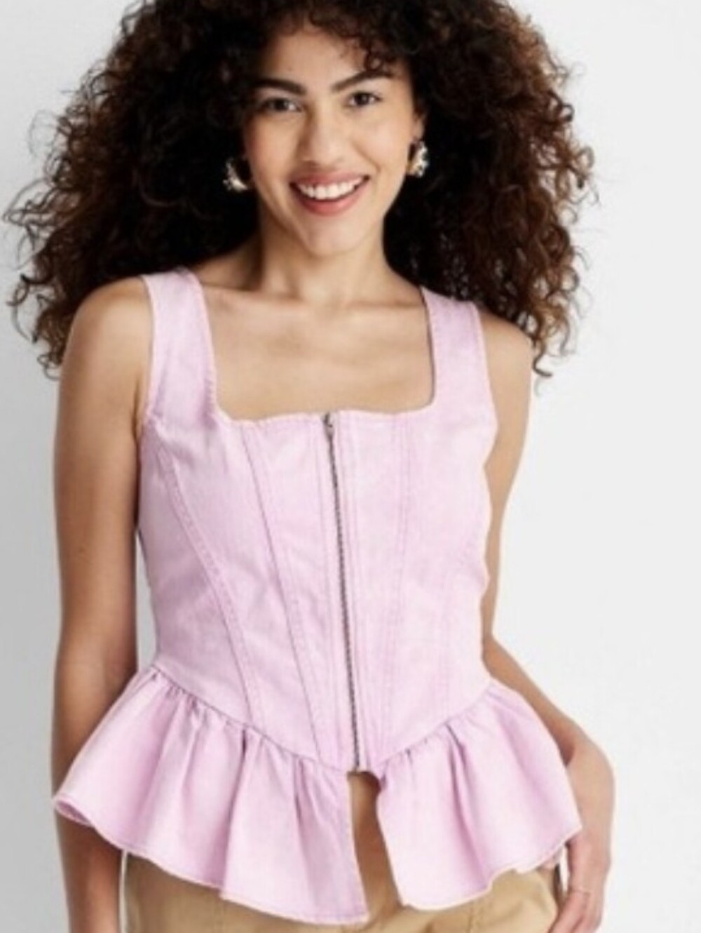 FUTURE COLLECTIVE Denim Corset Top S Full Zip Ruffle Hem Smocked Tank Pink Top